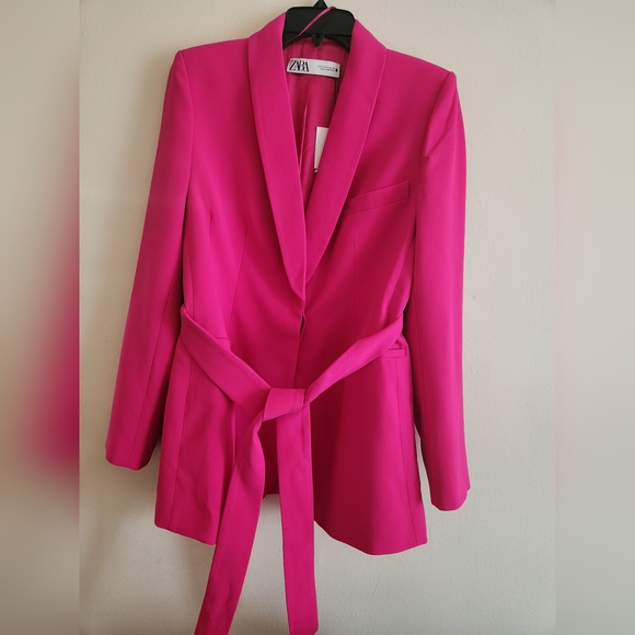 ZARA SET Tuxedo Collar Blazer Belted & Pants neon Fuschia: Sizes S,M,LBNWT - Picture 2 of 12